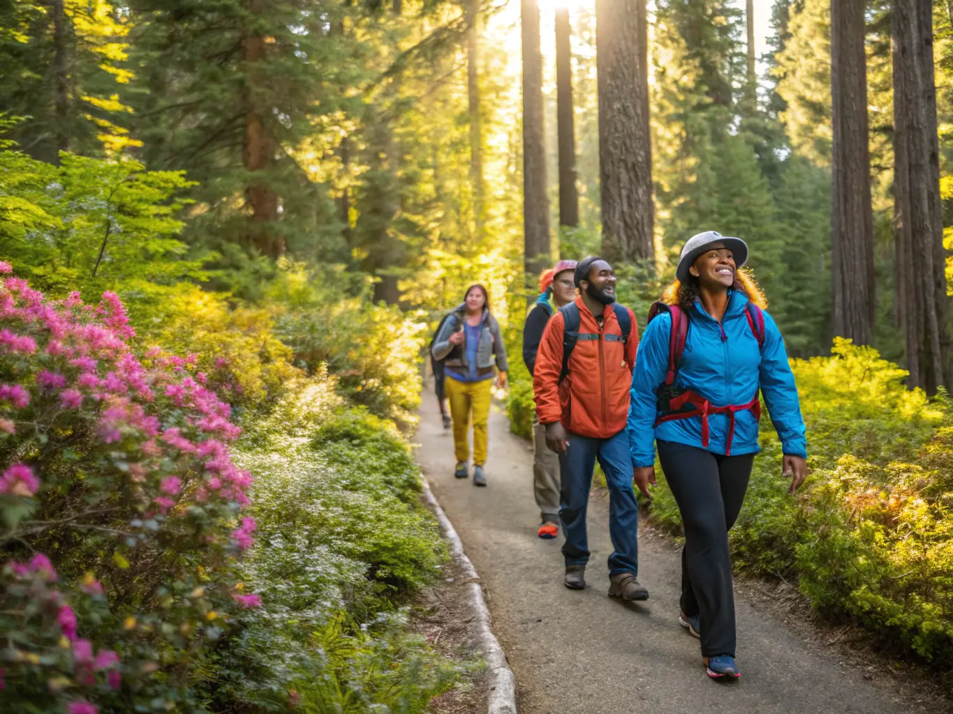 A group of diverse hikers walking along a scenic trail in the Henanbihen region, surrounded by lush greenery and enjoying the natural beauty.