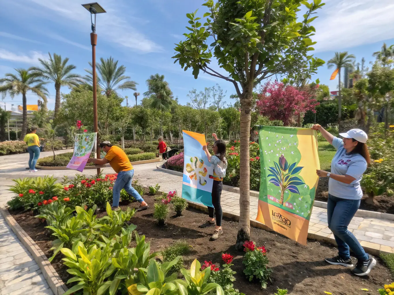Volunteers planting trees in a deforested area, working together to restore the local ecosystem and promote environmental sustainability.