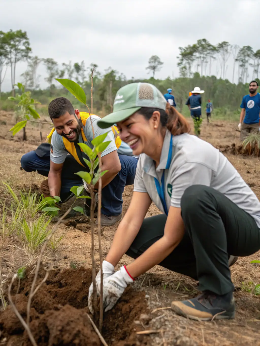 Volunteers planting trees in a deforested area, illustrating RANDO'BIHEN's active involvement in environmental conservation and restoration efforts.