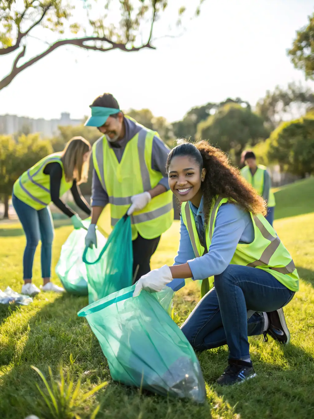 A group of people of different ages participating in a community clean-up event in a local park, demonstrating RANDO'BIHEN's focus on community engagement and environmental stewardship.