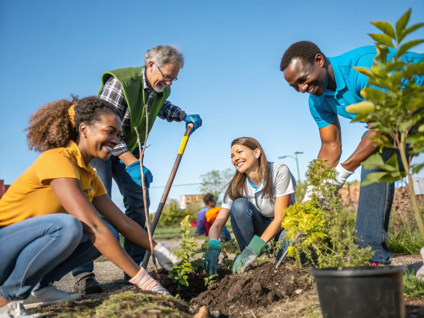 A group of community members gathered for a local event, engaging in a conservation project. The image should emphasize the sense of unity, shared purpose, and the positive impact of community involvement.