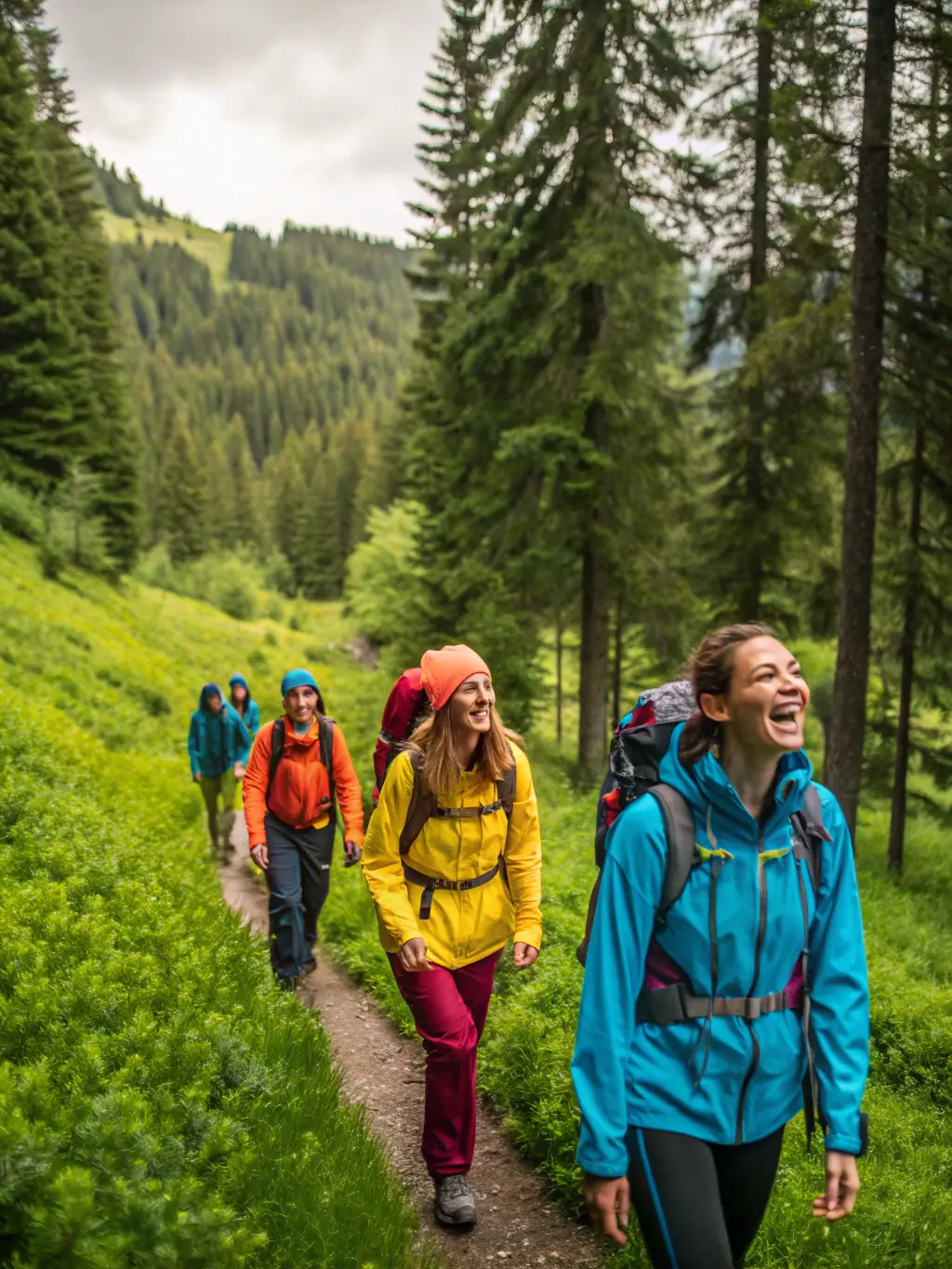 A photograph of a group of hikers of varying ages and backgrounds, laughing and chatting as they traverse a well-maintained trail through a sun-dappled forest. The image should convey a sense of camaraderie and enjoyment of nature.