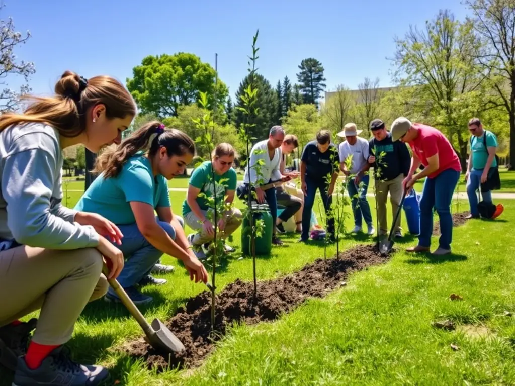 Volunteers planting trees in a deforested area, working together to restore the environment. The image should highlight the collaborative effort and the positive impact of their actions on the ecosystem.