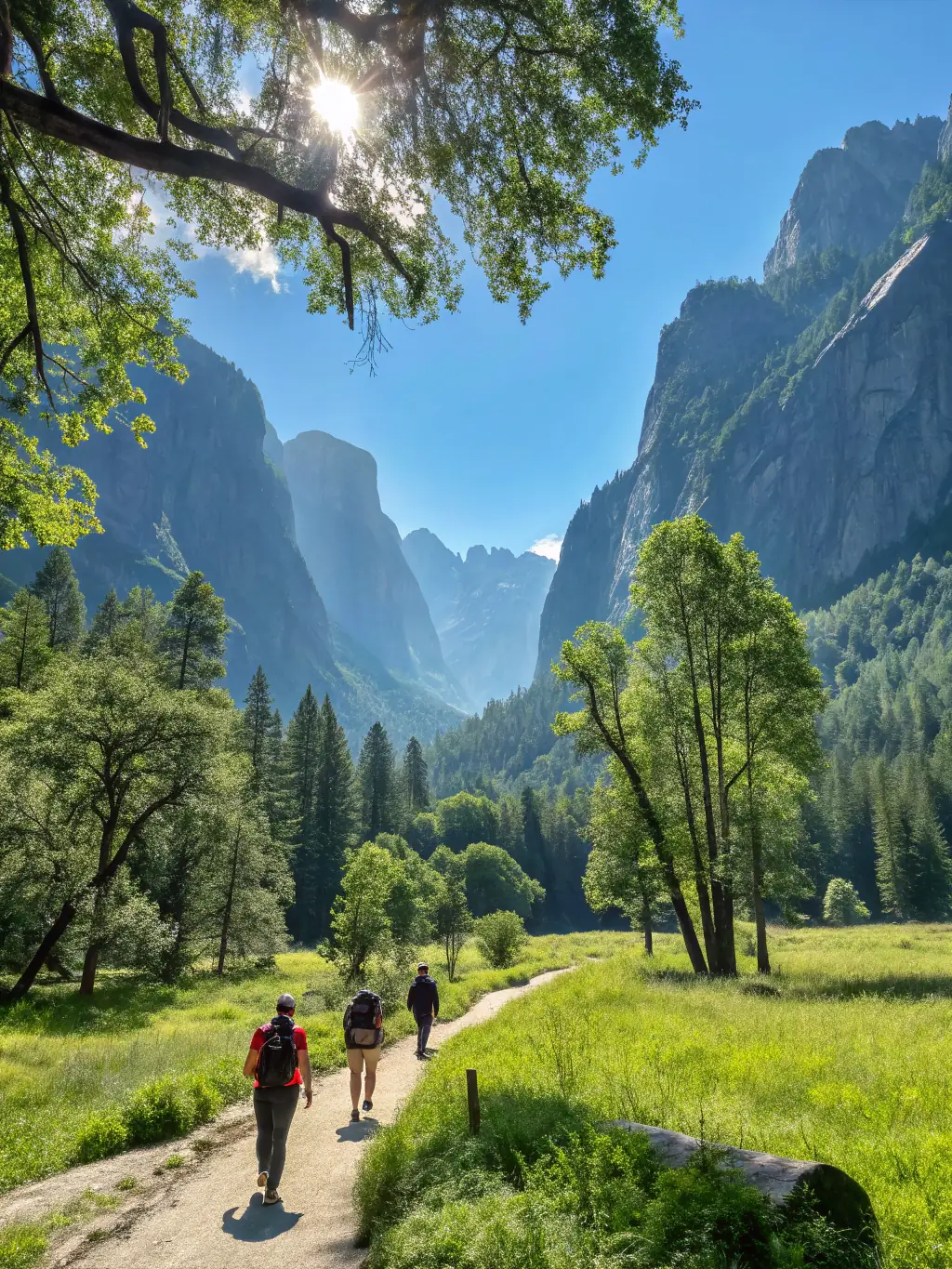 A scenic shot of a group participating in a guided hike, focusing on the leader pointing out interesting flora and fauna to the participants. The background should feature a stunning vista of the local landscape.