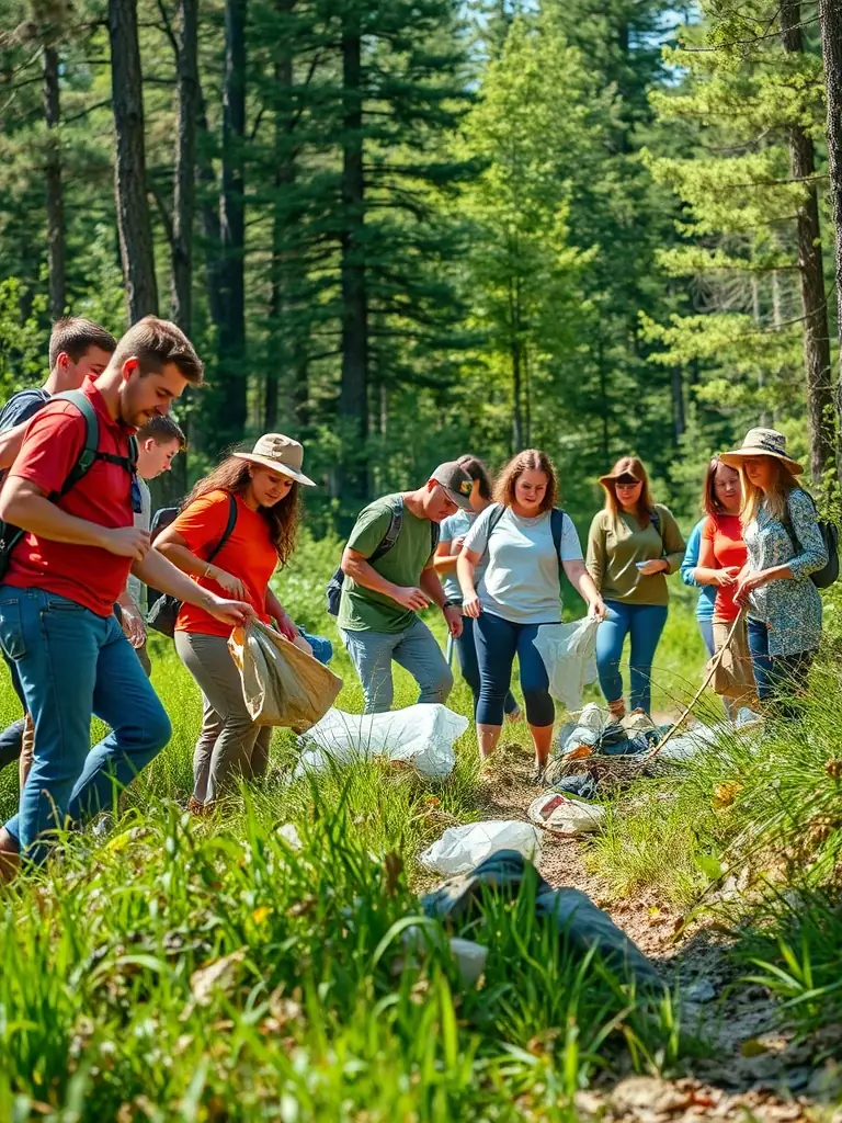 A photograph capturing a group of volunteers working together to clear a hiking trail, showcasing their commitment to preserving the natural environment. The image should highlight teamwork and environmental stewardship.