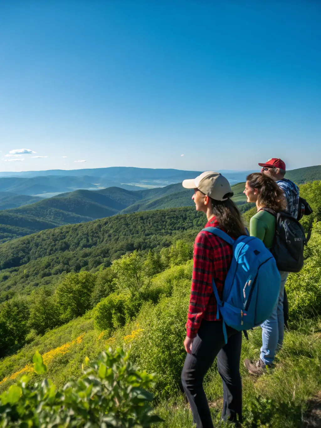 A vibrant image of a group of hikers reaching the summit of a hill, celebrating their achievement with high-fives and smiles. The background should offer a panoramic view of the surrounding landscape.