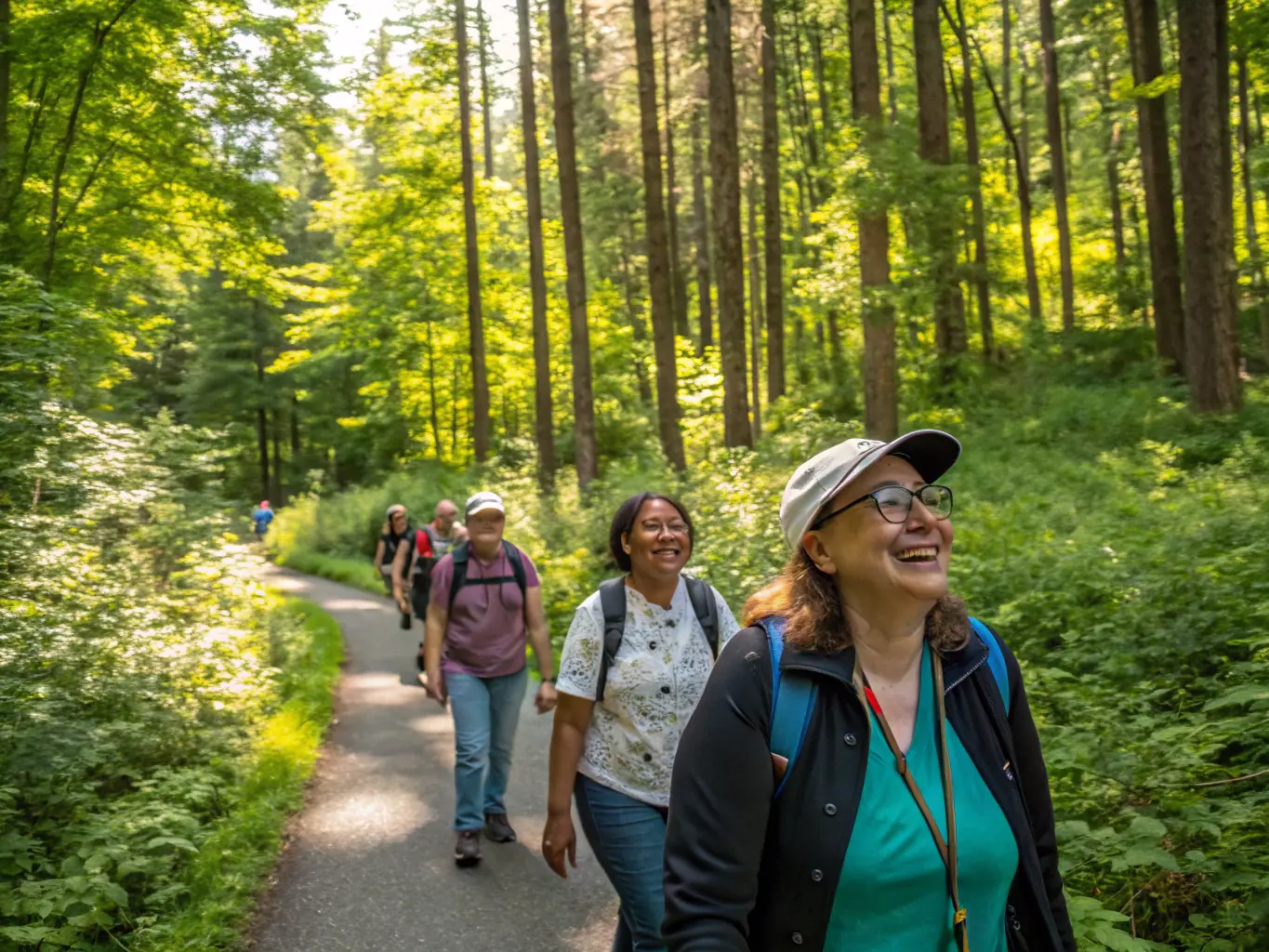 A group of diverse individuals participating in a guided hike through a lush forest, focusing on the trail and enjoying the natural surroundings. The image should convey a sense of community, exploration, and appreciation for nature.